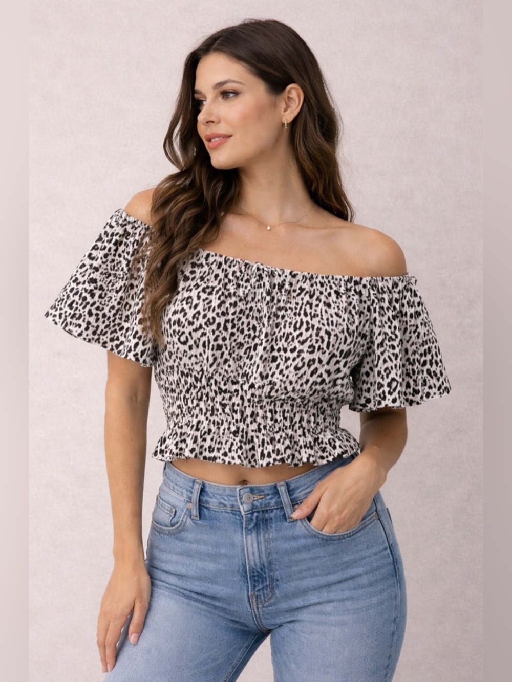 Bershka Off Shoulder Leopard Print Crop Top Women’s Small Boho Summer Fairy